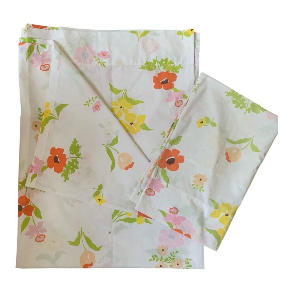 Vintage Sears Floral TWIN Flat Sheet Pillow Case Pink Yellow Perma Press Cottage